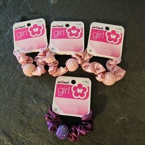4 Scunci Girls Satin Hair Ties Scrunchies Pink Purple With Rhinestone Beads New
